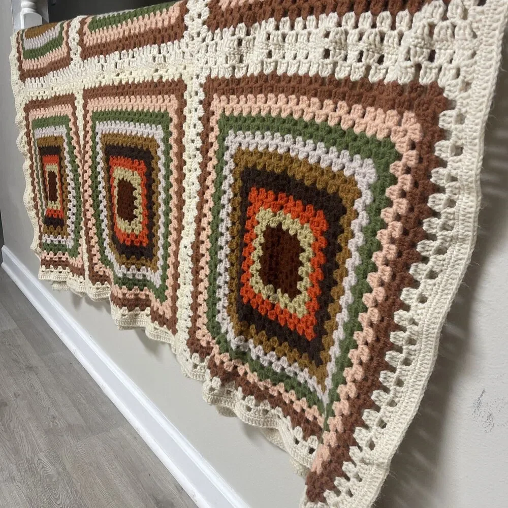 LARGE Granny Square Hand-Crochet Blanket Cream Pink Brown Sage 88x67 inches